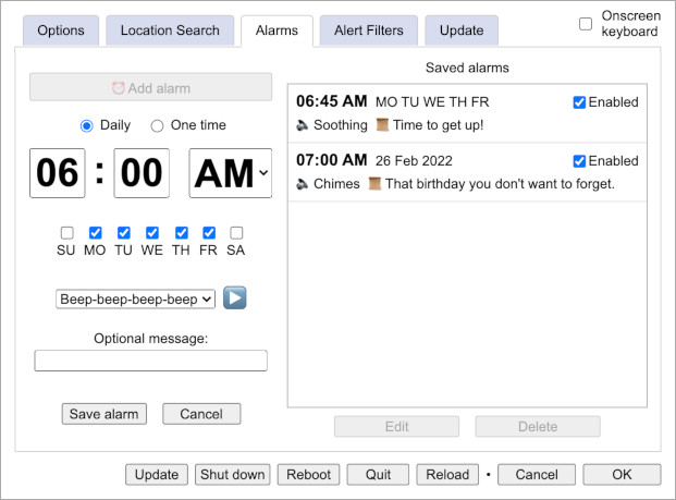 user settings screenshot - alarms